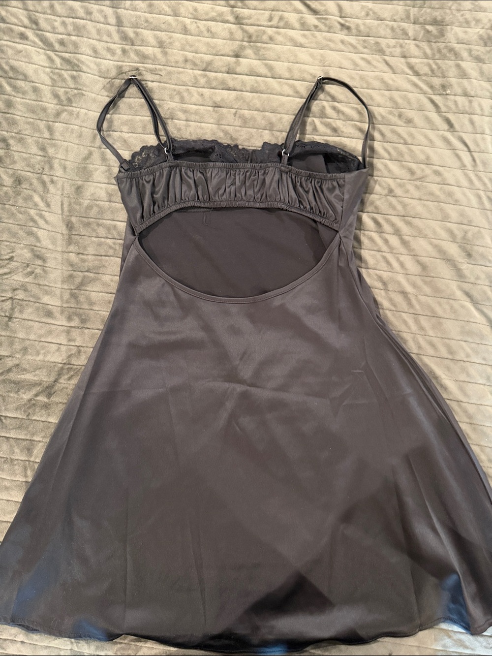 Source Unknown Black Satin Mini Slip Dress with Lace Trim - Picture 2 of 2